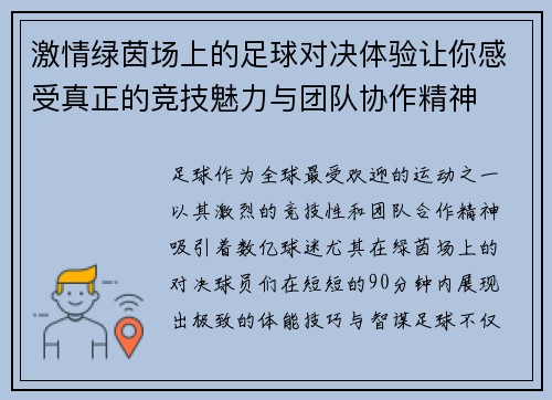 激情绿茵场上的足球对决体验让你感受真正的竞技魅力与团队协作精神