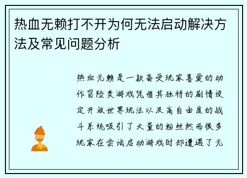热血无赖打不开为何无法启动解决方法及常见问题分析